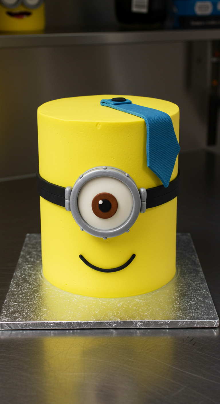 Gelbe Minion-Torte mit einem Auge und blauer Latzhose.