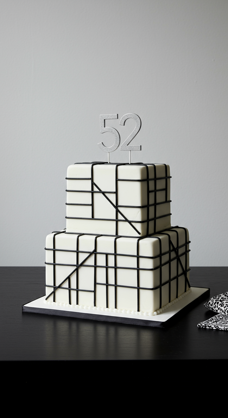 Zweistöckige weiße, quadratische Torte mit schwarzem Gittermuster im Mondrian-Stil.