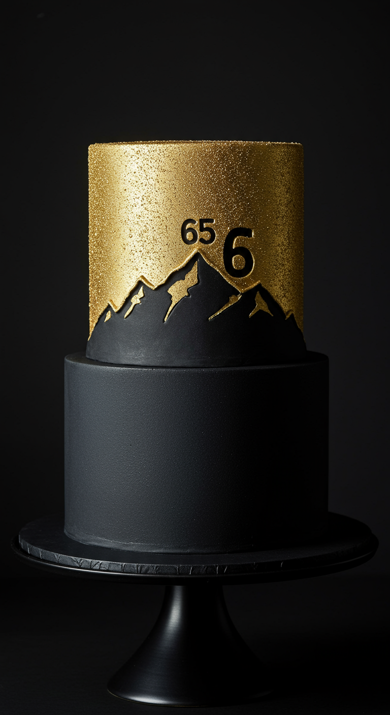 Schwarze Torte mit goldener Bergsilhouette und Zahl 65.