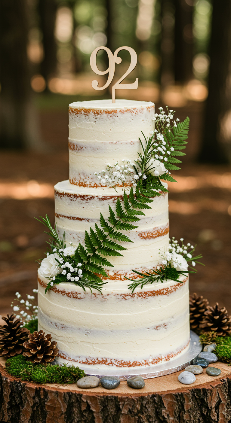 Dreistöckiger Naked Cake mit Farn, Schleierkraut und Holz-Topper 92.