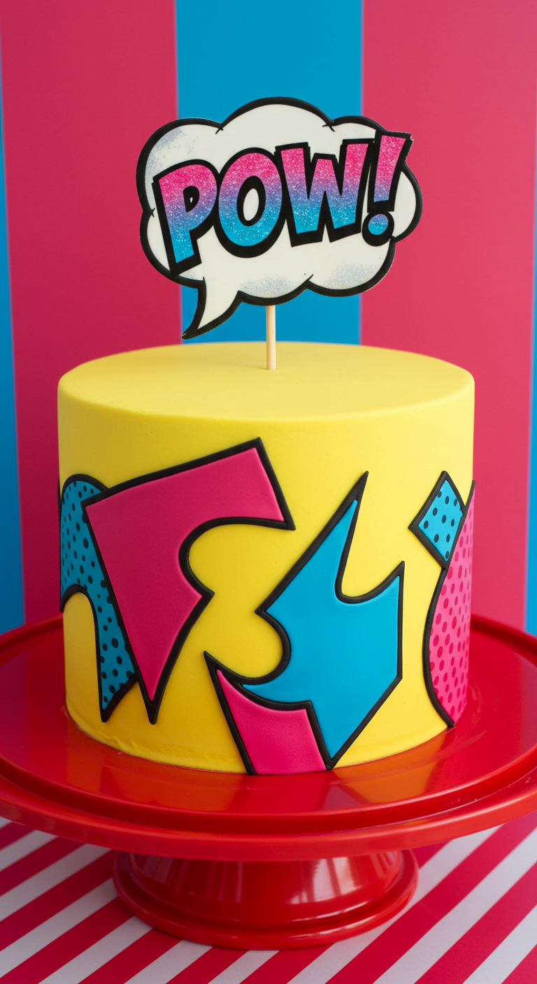 Gelbe Y2K-Torte im Comic-Stil mit bunten Formen und „POW!“-Topper.