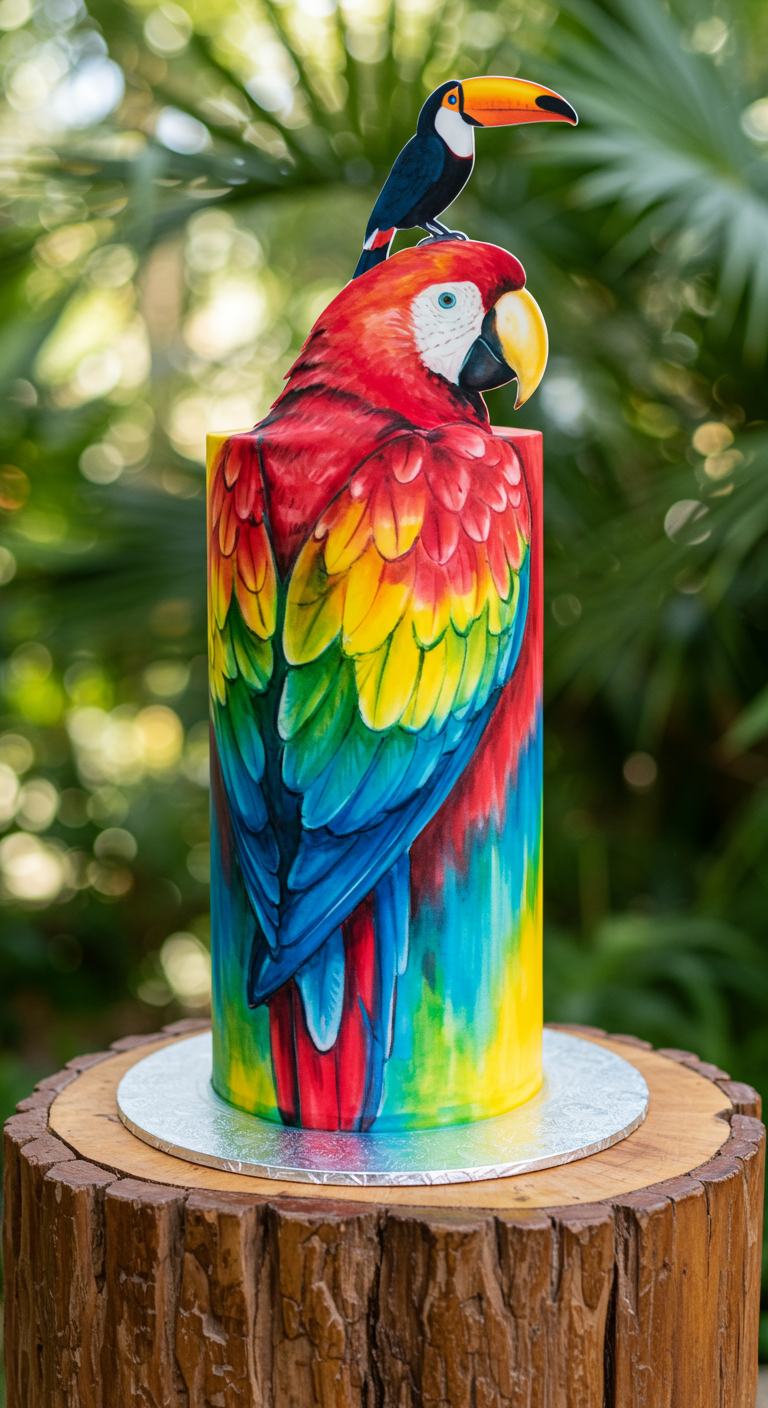 Hohe, zylindrische Torte, bemalt wie ein farbenfroher Papagei, mit Tukan-Topper.