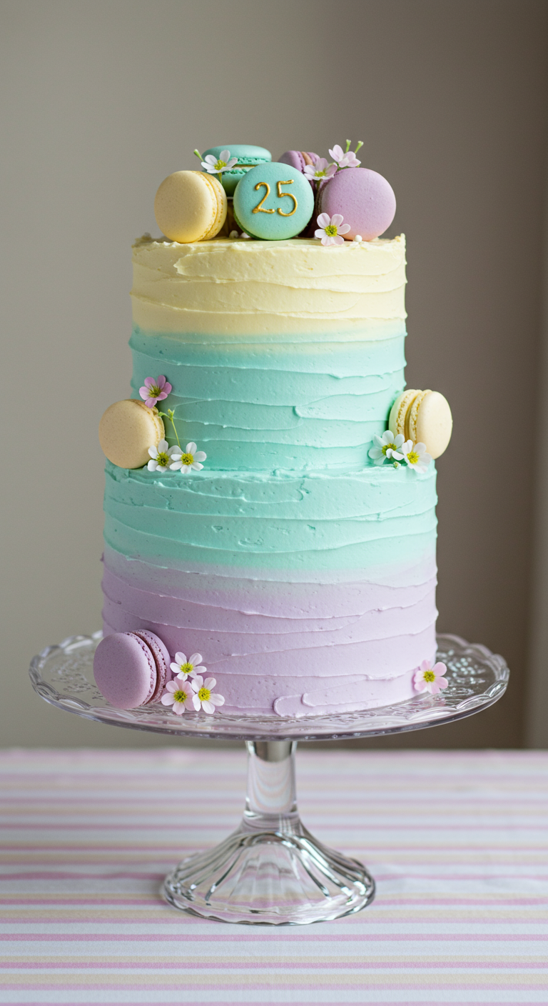 Zweistöckige Torte mit Pastell-Ombré (Lila, Mint, Gelb) und Macarons als Deko.