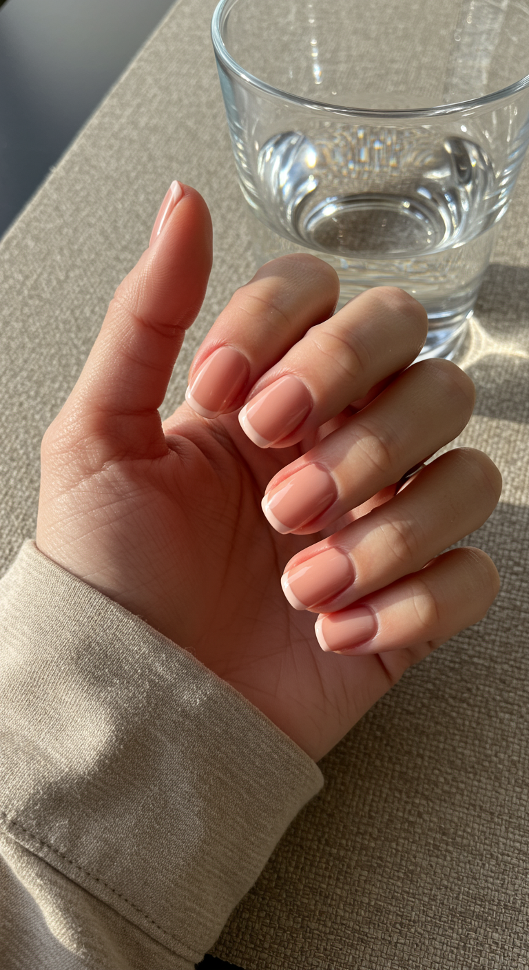 Kurze Squoval-Nägel mit einer sehr subtilen, dünnen pfirsich-nude French-Spitze.