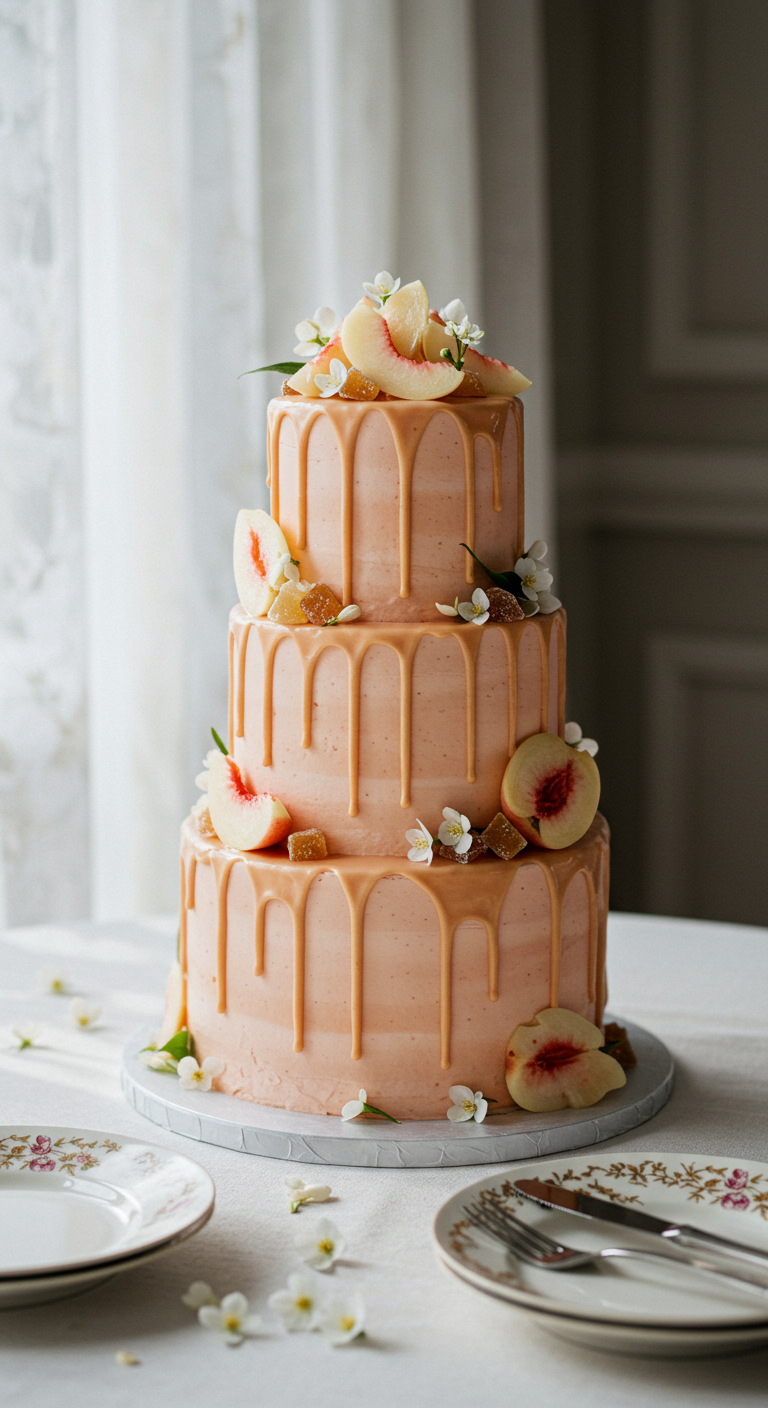 Dreistöckige rosa Torte mit Pfirsichspalten, Blüten und Karamell-Drip.