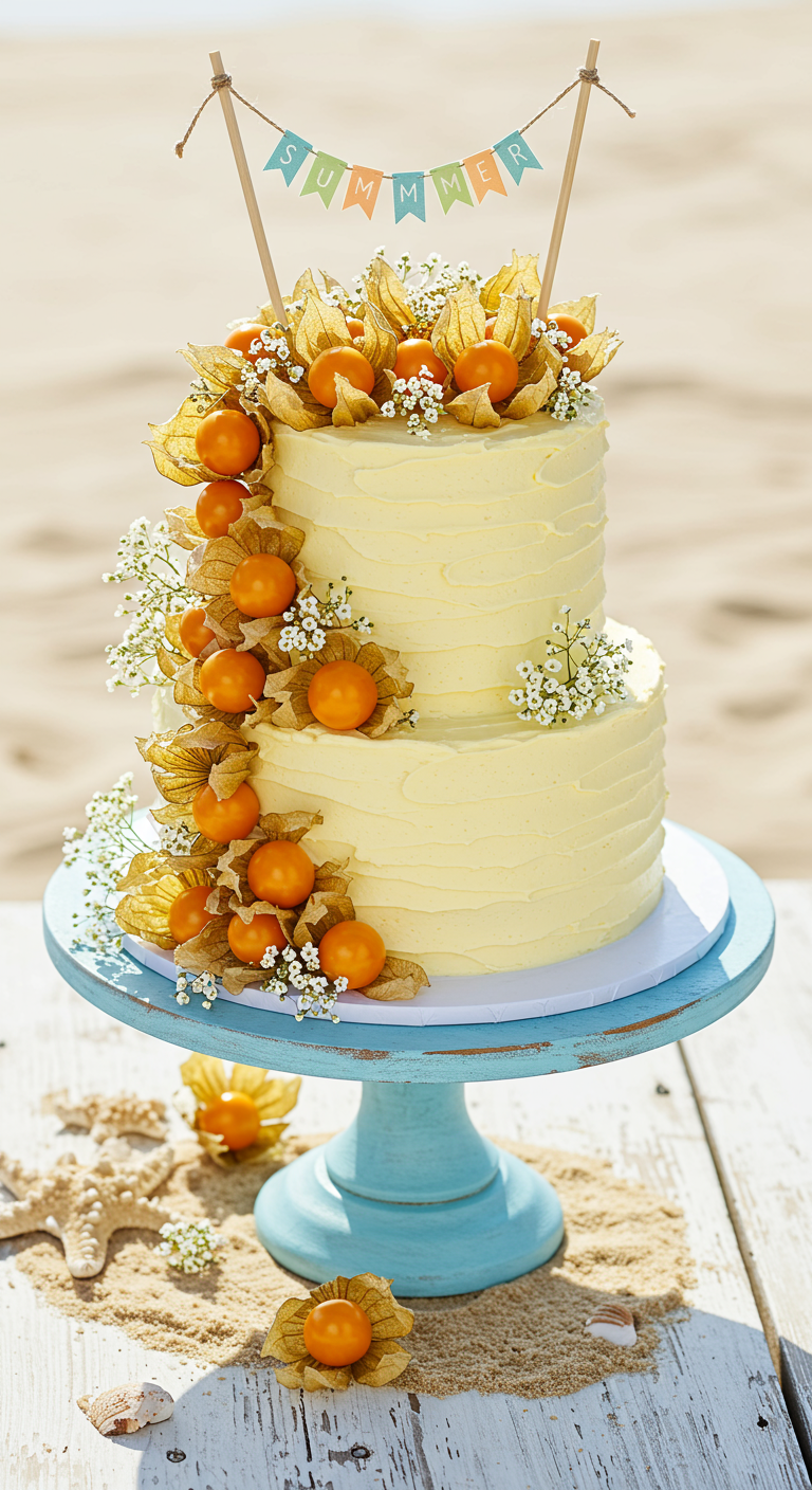 Zweistöckige gelbe Torte, dekoriert mit Physalis und Schleierkraut,