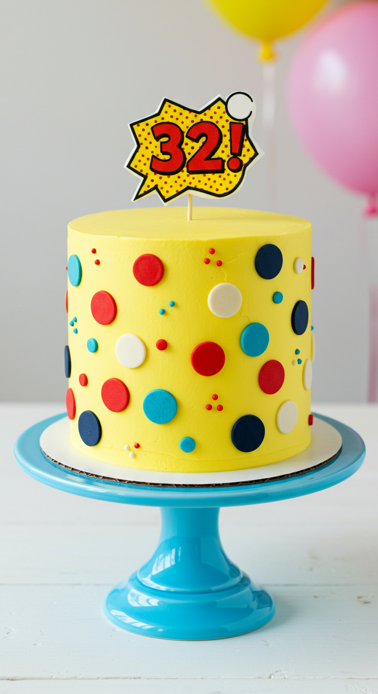 Knallgelbe Torte mit bunten Fondant-Punkten und einem Comic-Style 32-Topper.