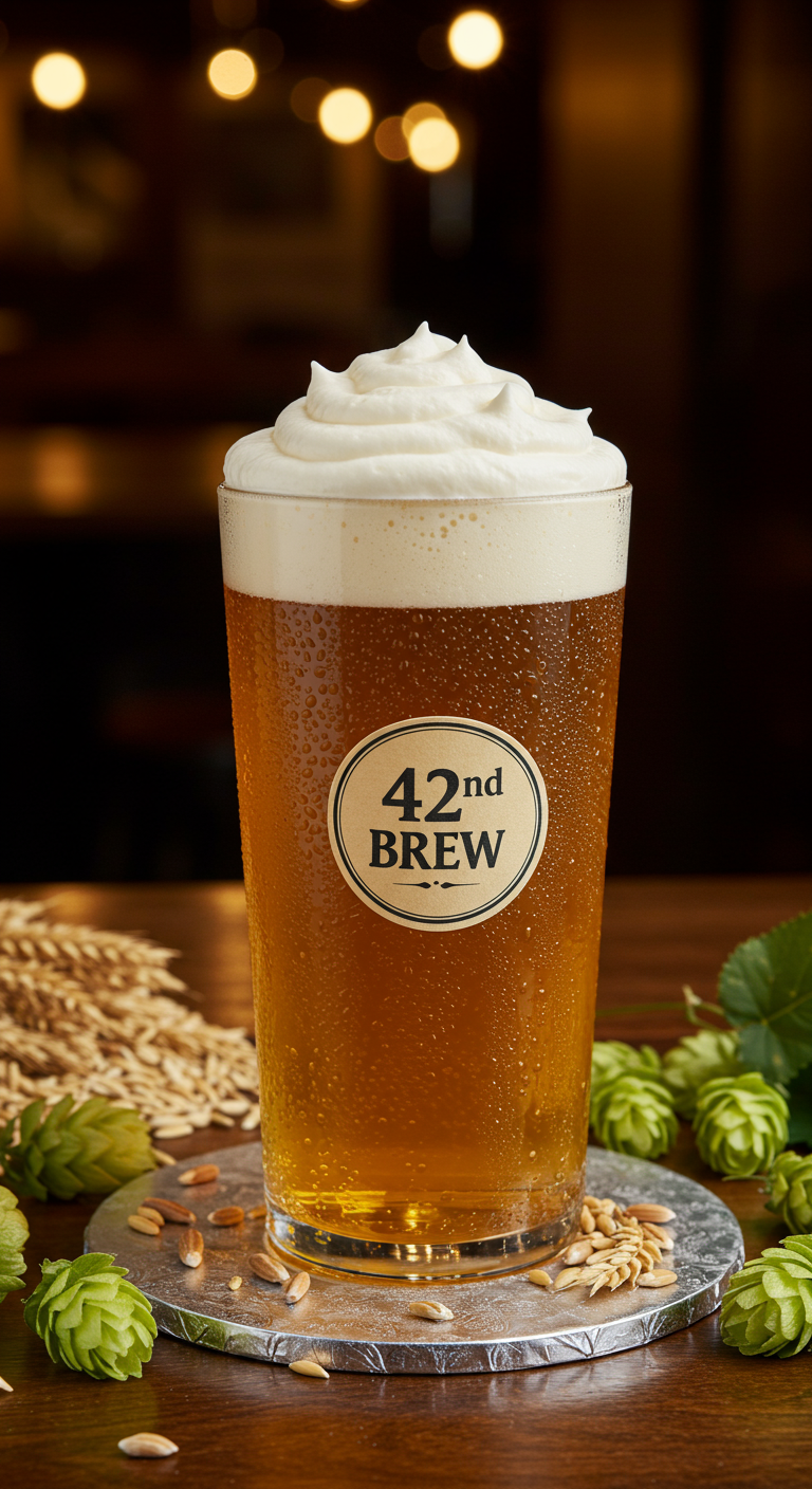Torte in Form eines Bierglases mit Schaumkrone und Etikett '42nd Brew'.