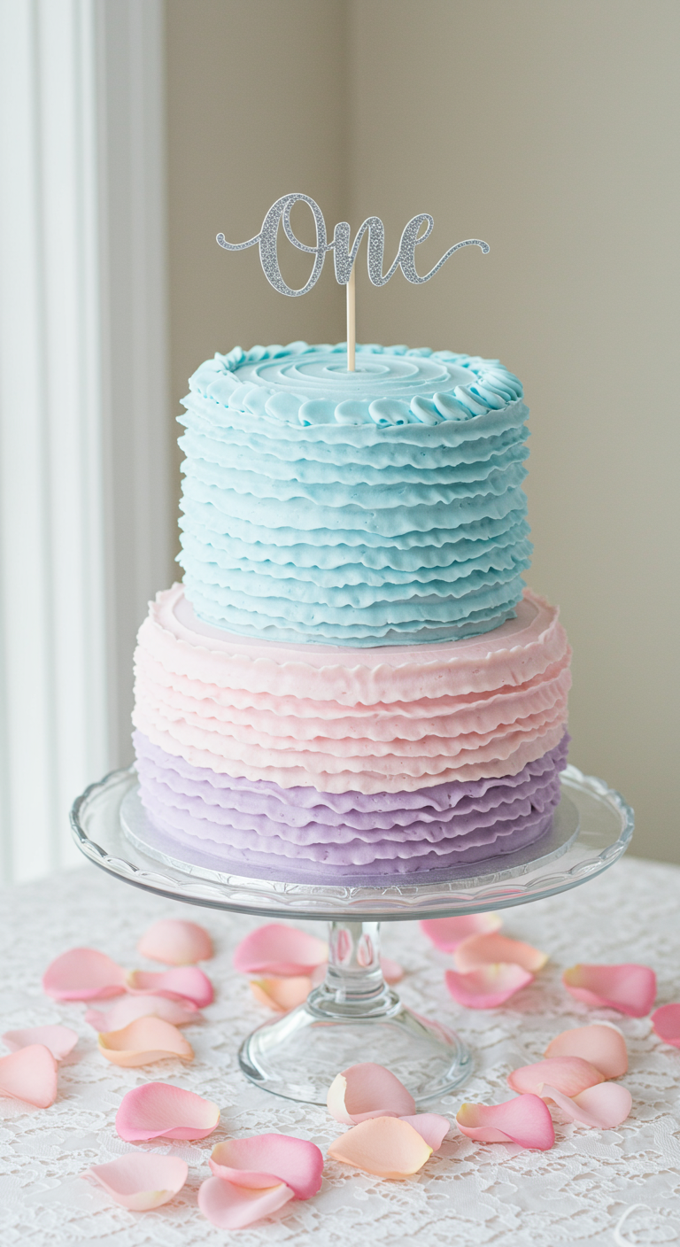 Zweistöckige Torte mit Rüschen in Blau-, Rosa- und Lila-Ombré-Farbverlauf.