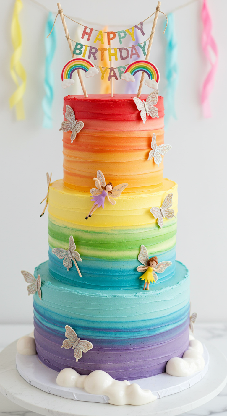 Regenbogentorte mit Schmetterlingen und kleinen Feenfiguren