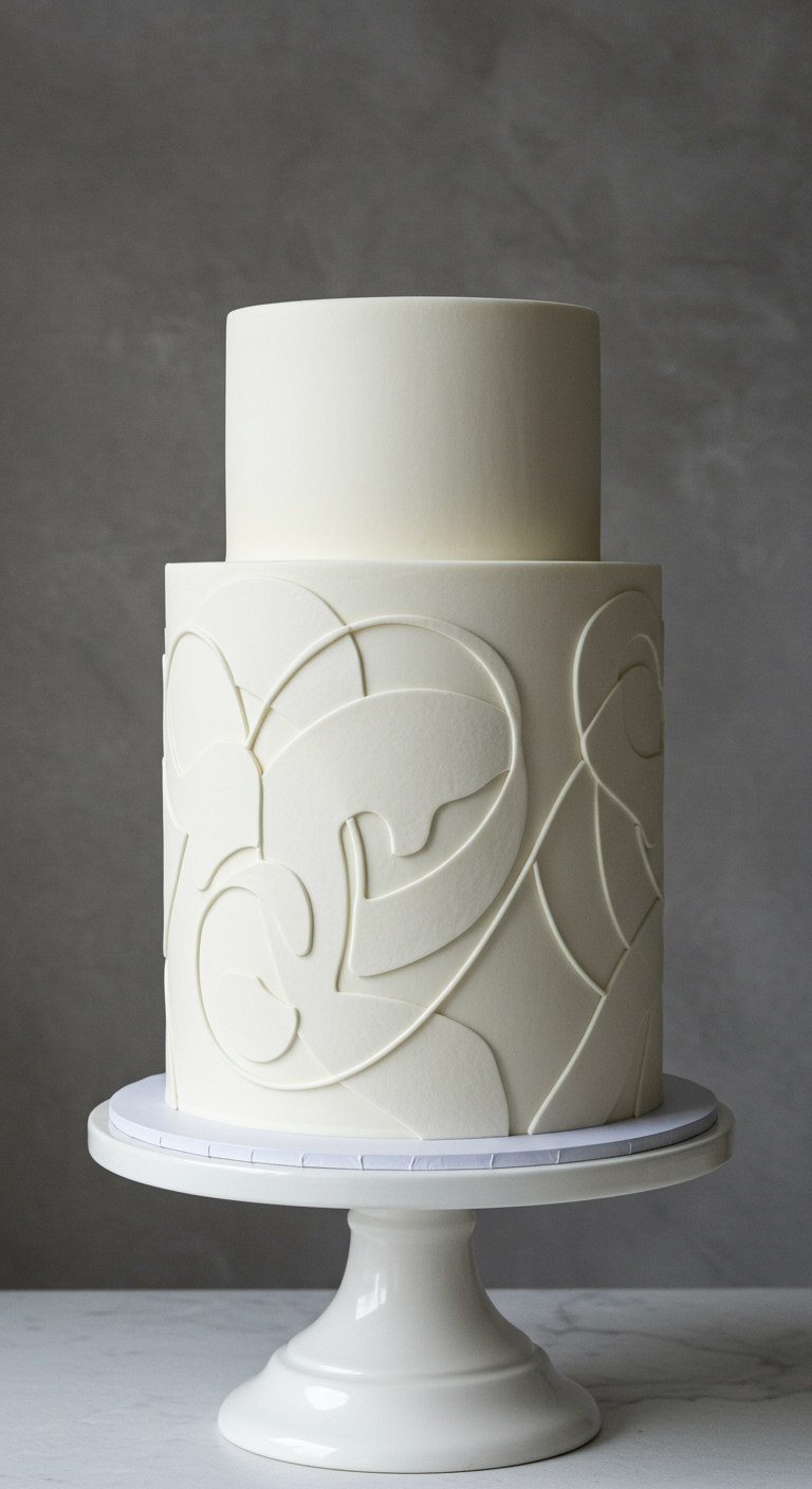 Zweistöckige cremeweiße Torte mit abstrakten, erhabenen Linienmustern.