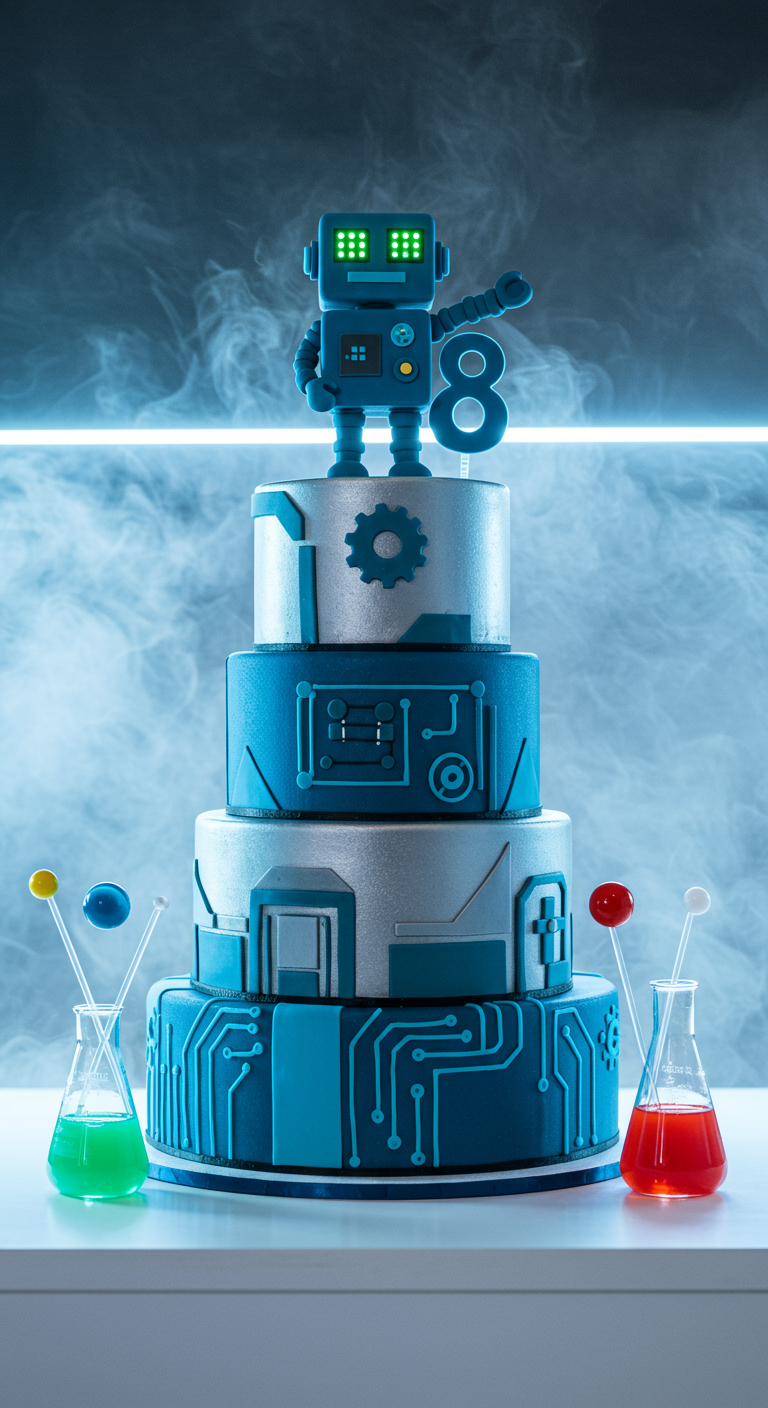Mehrstöckige Roboter-Torte in Blau und Silber mit technischen Details
