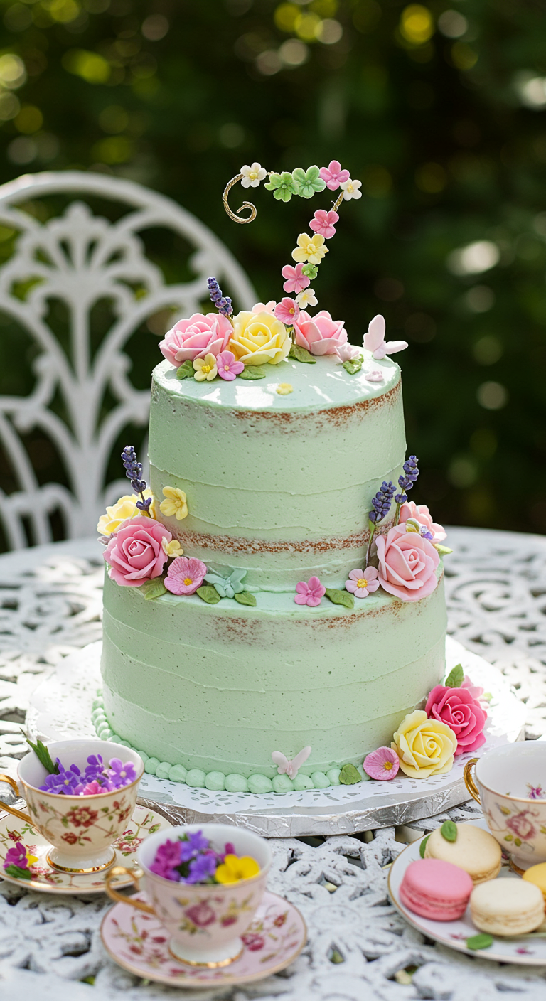 Zweistöckige pastellgrüne Gartentorte mit echten Blumen und Macarons.
