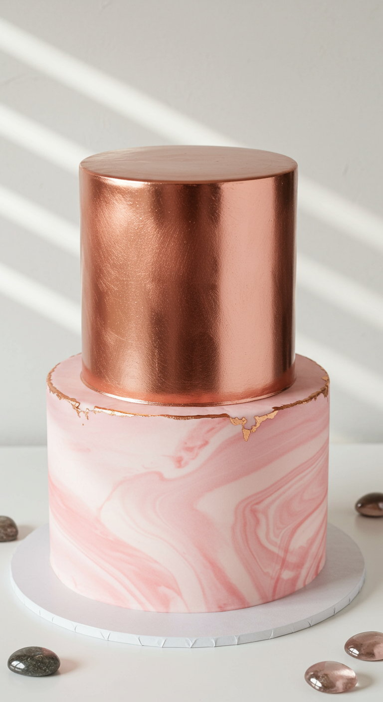 Zweistöckige Torte: unten rosa marmoriert, oben komplett kupferfarben.