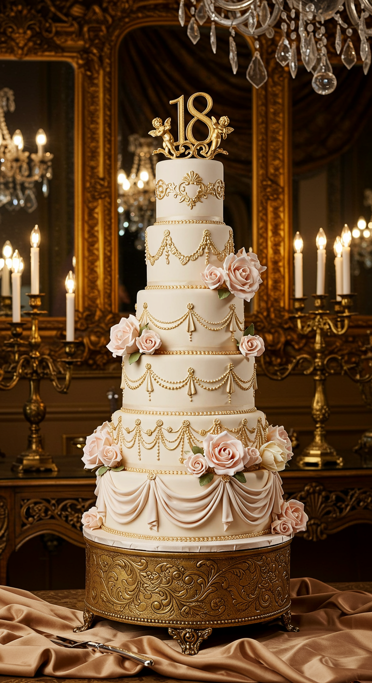 Prunkvolle, mehrstöckige Hochzeitstorte mit Goldverzierungen und rosa Rosen.
