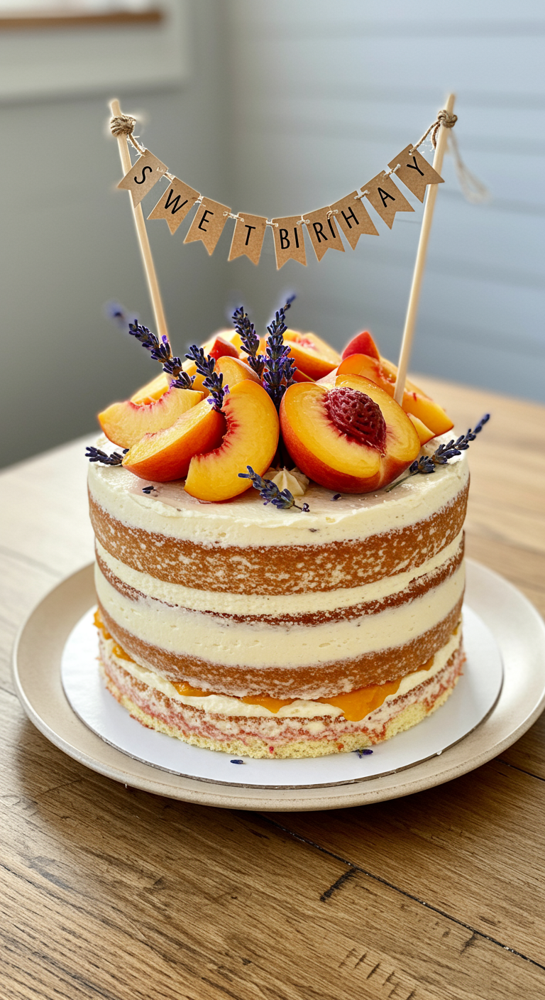Naked Cake mit sichtbaren Schichten, Pfirsichfüllung, Lavendel und Wimpel-Topper.