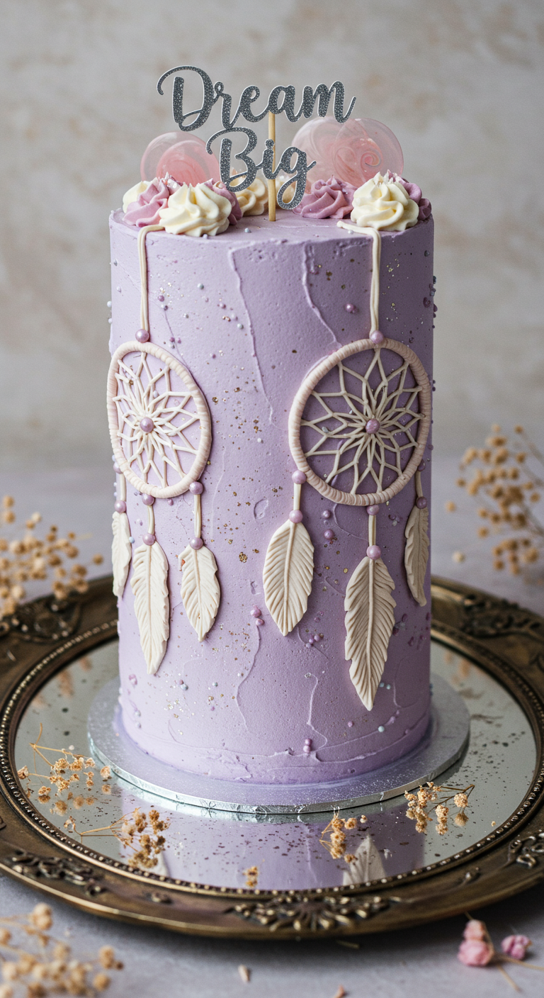 Hohe lila Buttercreme-Torte mit weißen Traumfänger-Dekorationen und 'Dream Big'-Topper.