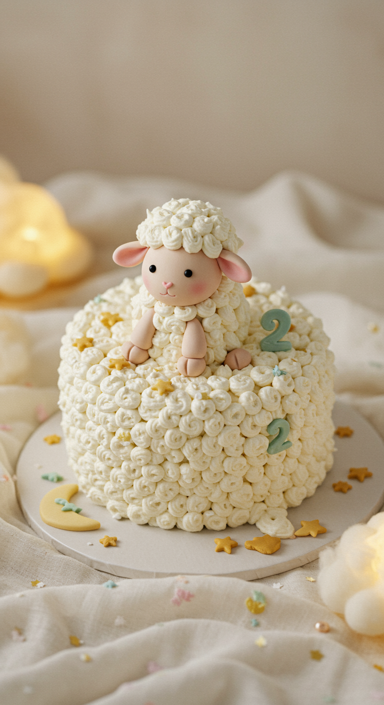 Weißer Schäfchen-Kuchen mit Buttercreme-Wolle und Fondant-Gesicht.