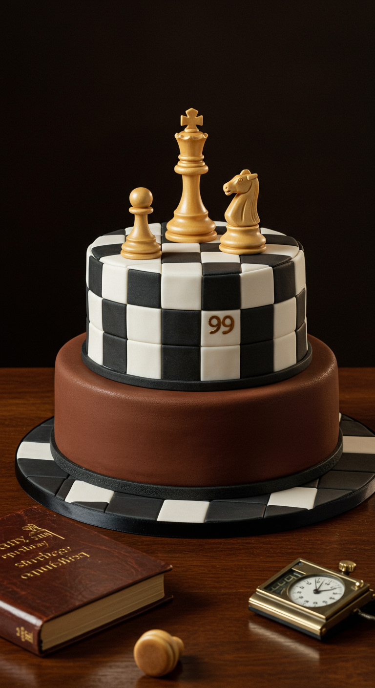 Zweistöckige Torte mit Schachbrettmuster und Schachfiguren aus Zucker.