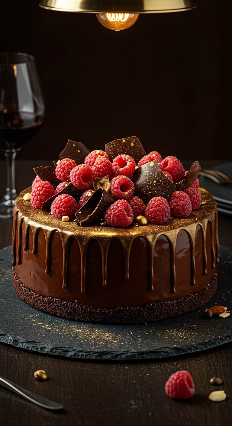 Dunkle Schokoladentorte mit Himbeeren, Schokostücken und goldenem Glanz.