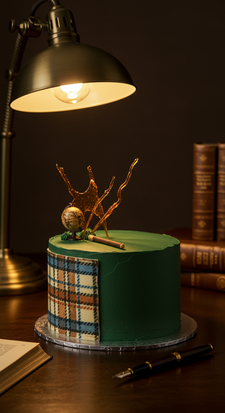 Dunkelgrüne Torte mit einem Schottenkaro-Element, goldenen Karamellsplittern und einem Mini-Globus.