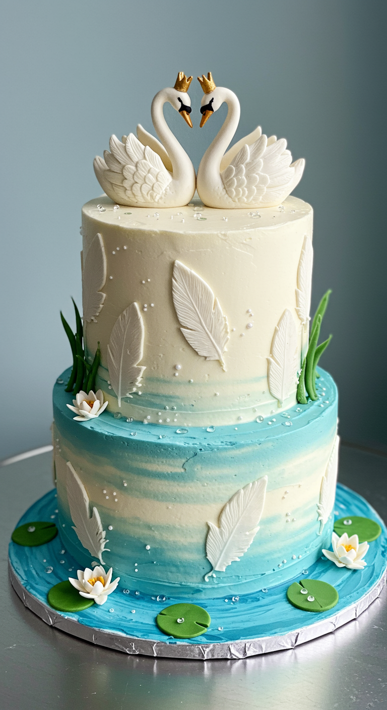Zweistöckige Torte mit Schwanenpaar, Federn und Wasserlilien-Deko, blau-weißer Wasser-Effekt.