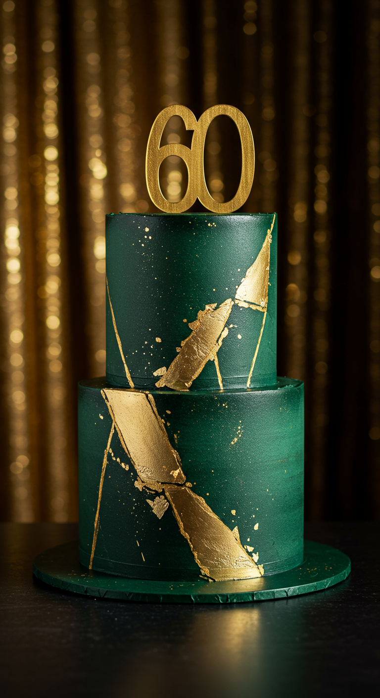 Zweistöckige smaragdgrüne Torte mit abstrakten goldenen Splittern.