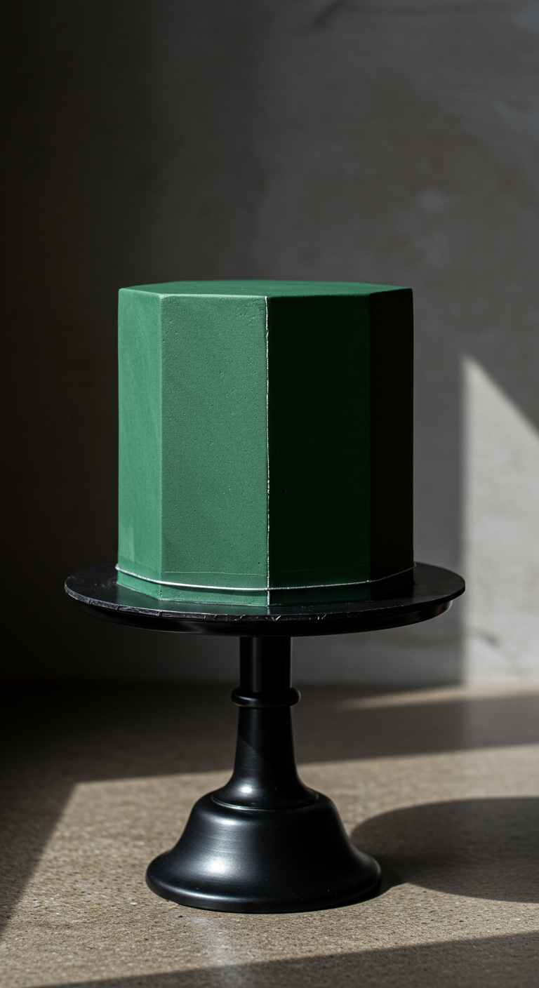 Dunkelgrüne, sechseckige Torte mit einer feinen silbernen Trennlinie.