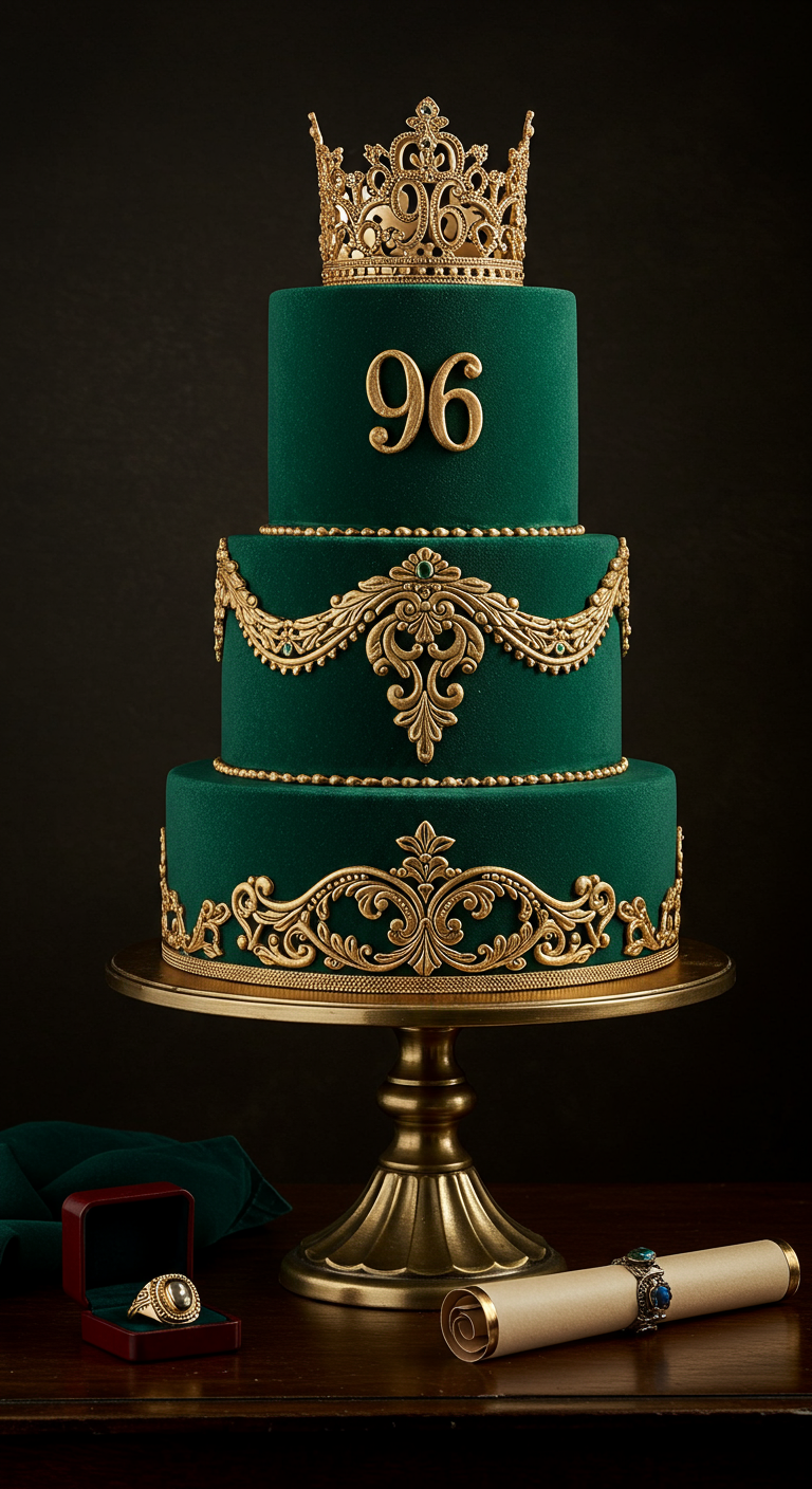 Dreistöckige smaragdgrüne Torte mit goldenen Ornamenten und einer Krone.