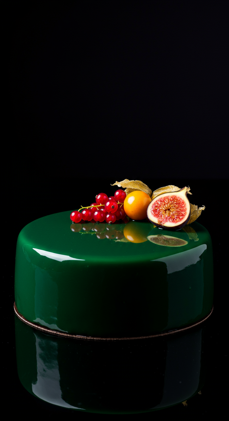 Dunkelgrüne Mirror Glaze Torte mit roten Johannisbeeren und Physalis.
