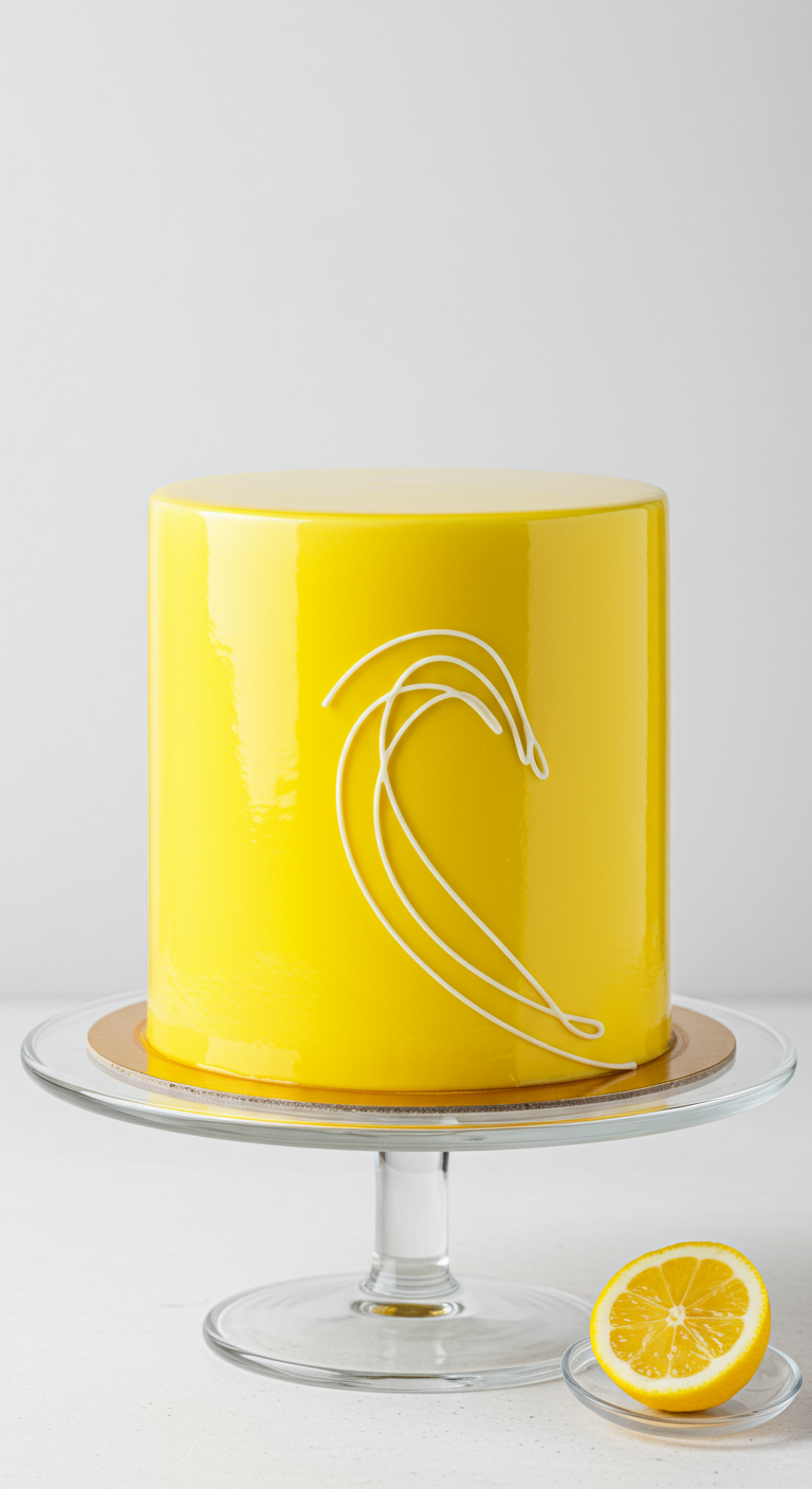 Hochglänzende gelbe Torte mit einer abstrakten weißen Linienfigur, daneben eine Zitrone.