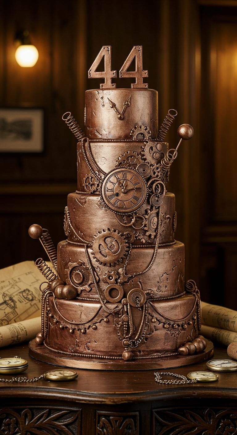 Mehrstöckige bronzefarbene Steampunk-Torte mit Zahnrädern, Uhren und Ketten.