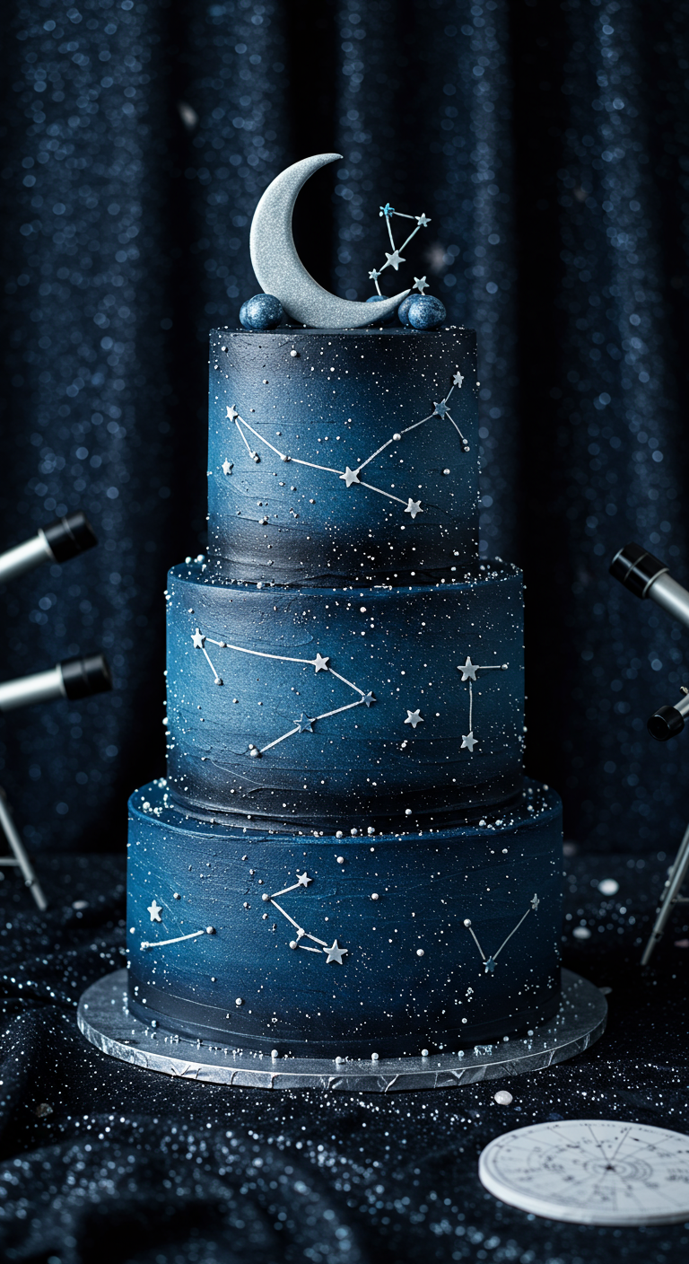 Mehrstöckige dunkelblaue Torte mit aufgemalten Sternbildern und einem silbernen Mond-Topper.