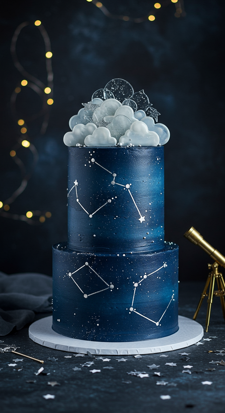 Zweistöckige, dunkelblaue Torte mit aufgemalten Sternenkonstellationen und Zuckerwolken obendrauf.
