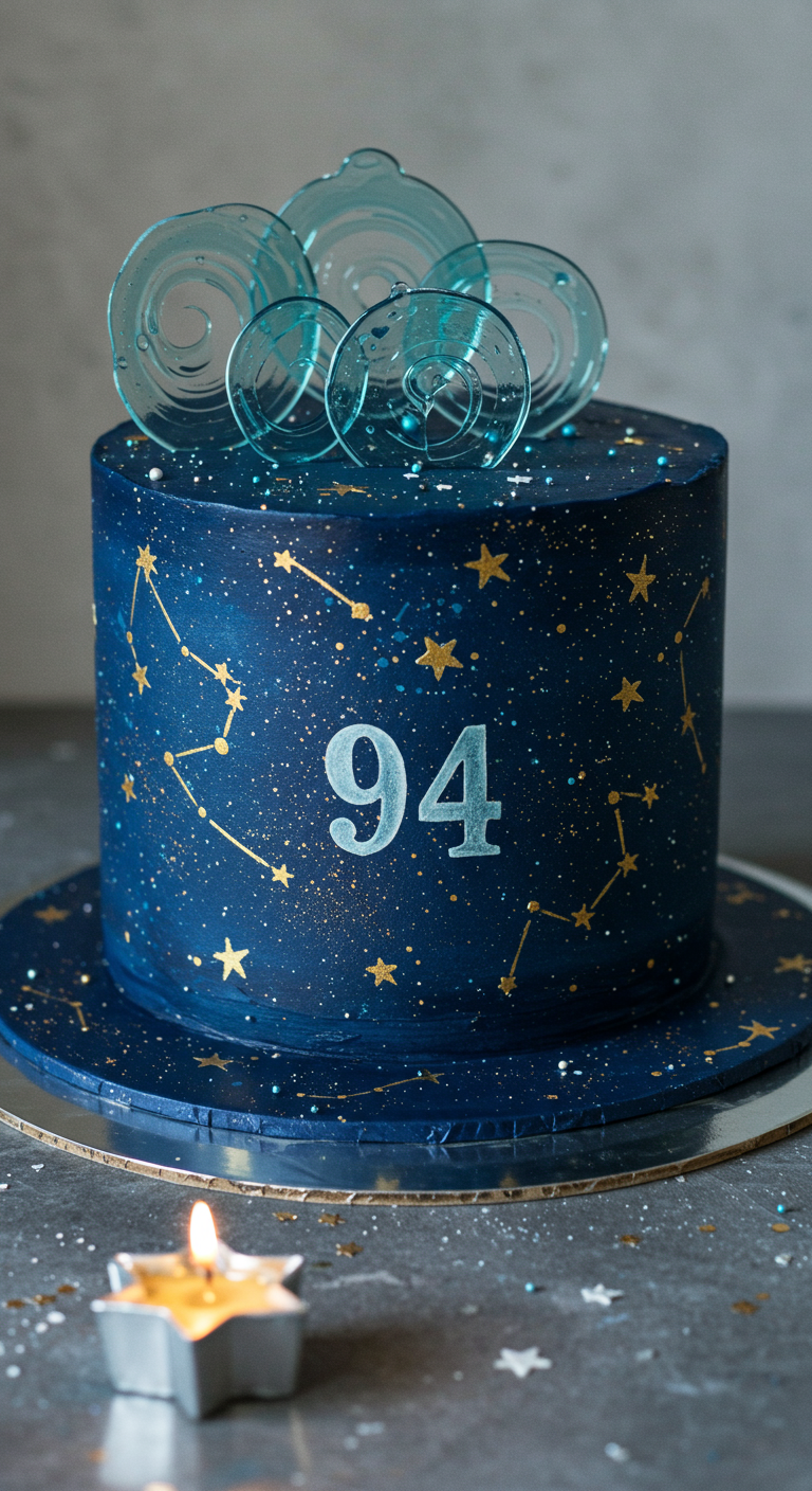 Dunkelblaue Galaxie-Torte mit goldenen Akzenten und einem transparenten Isomalt-Segel.