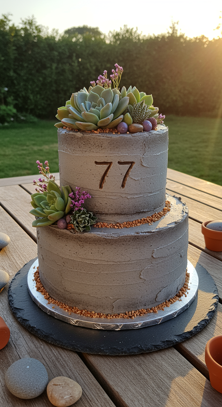 Zweistöckige graue Torte, dekoriert mit echten Sukkulenten und Krokant.