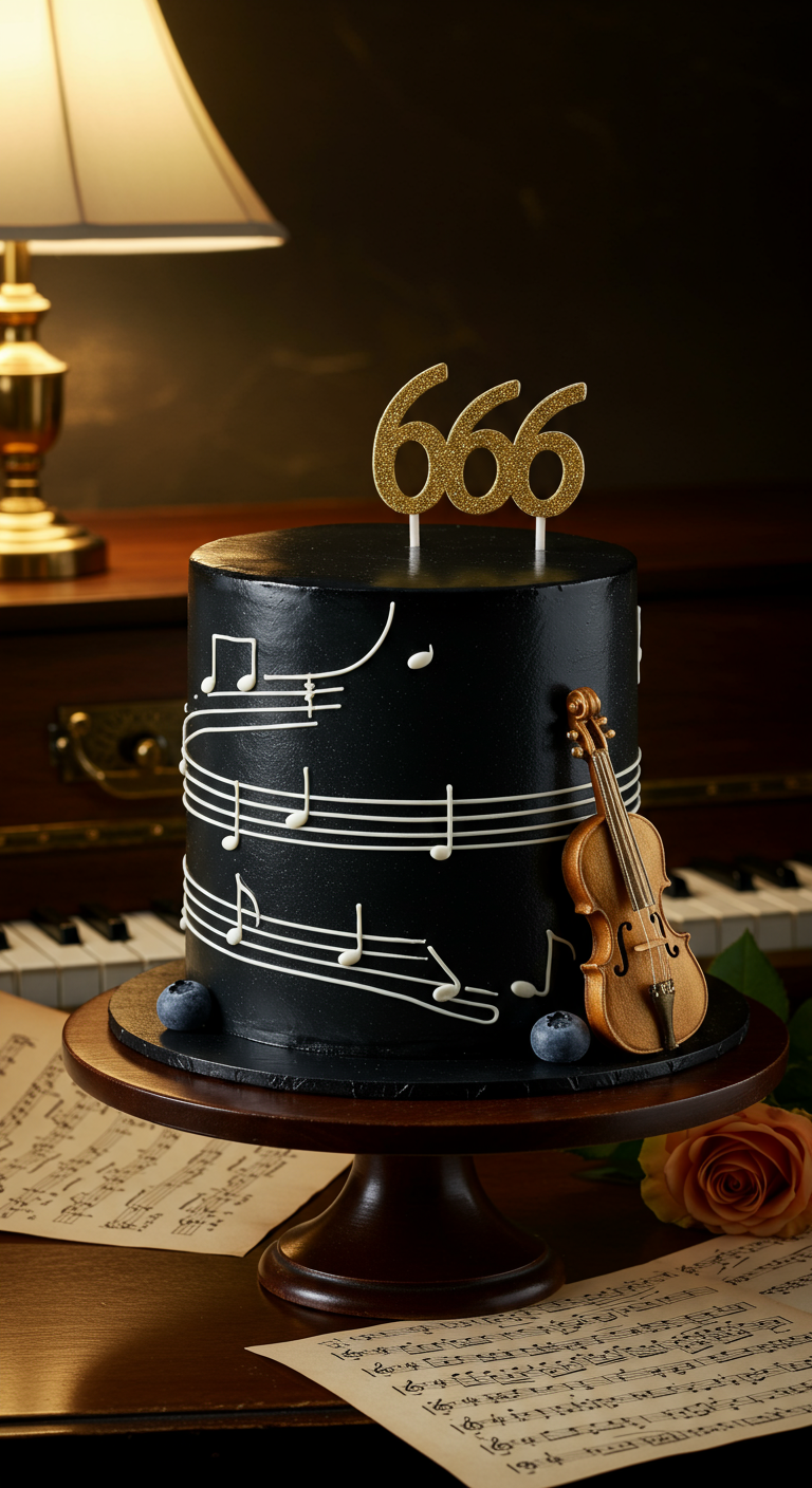 Schwarze Torte mit Noten, Violine,