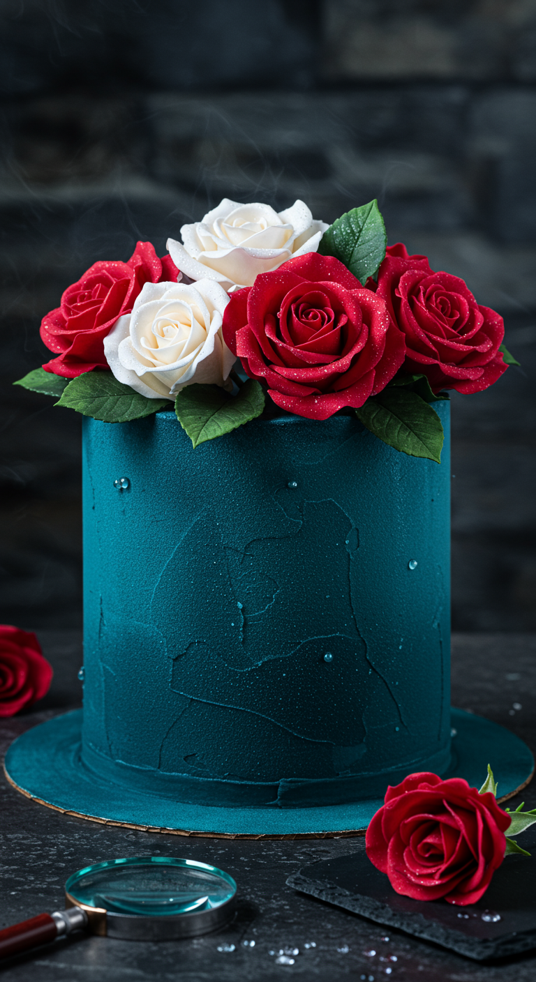 Dunkel-petrolfarbene Torte mit einem üppigen Strauß roter und weißer Rosen und simulierten Tautropfen.