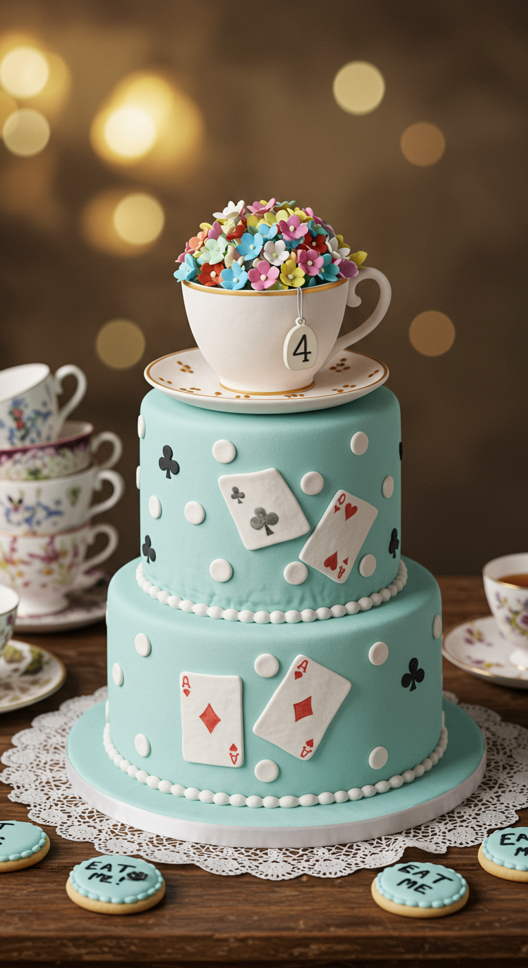 Türkisfarbene zweistöckige Torte mit Spielkarten, Punkten und einer Teetasse voller Blumen.