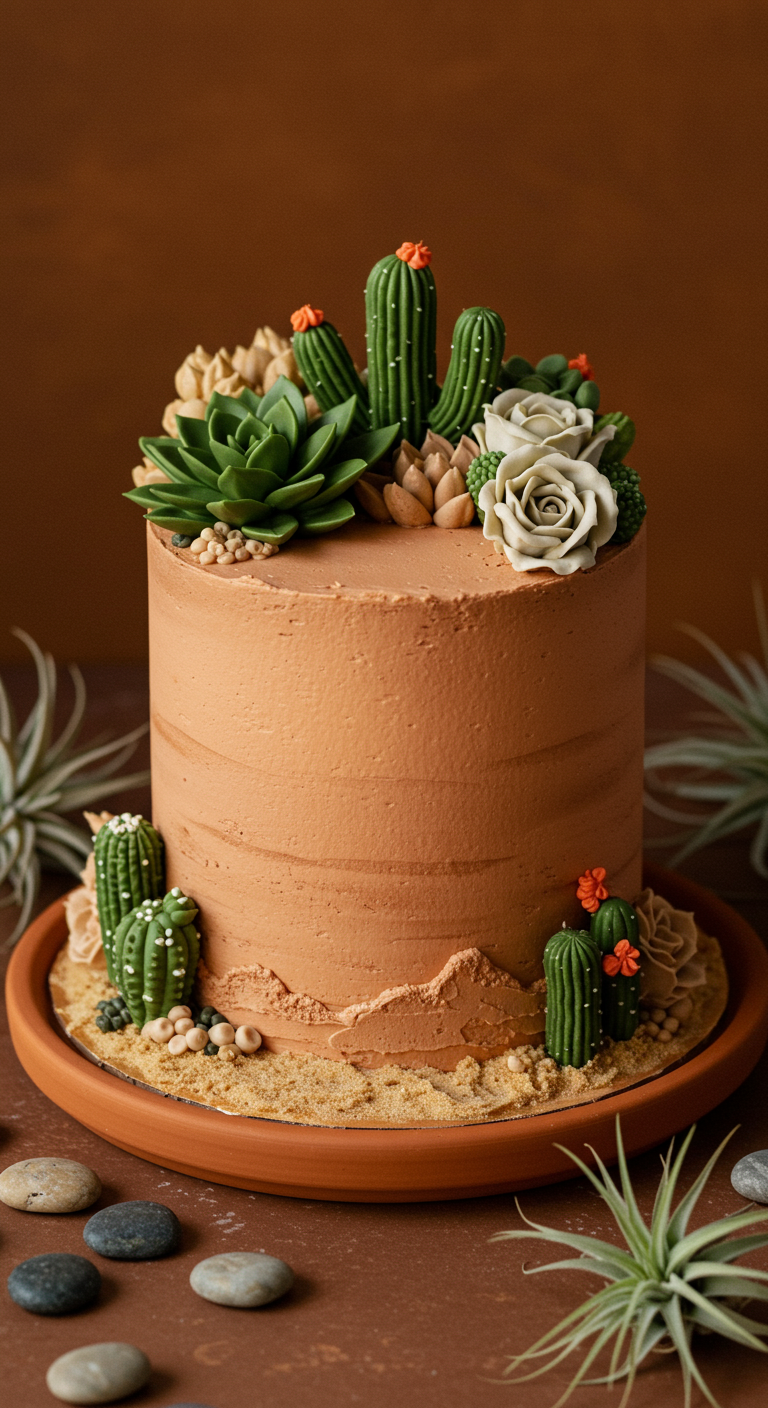 Terracottafarbene Torte dekoriert mit Buttercreme-Sukkulenten und -Kakteen.