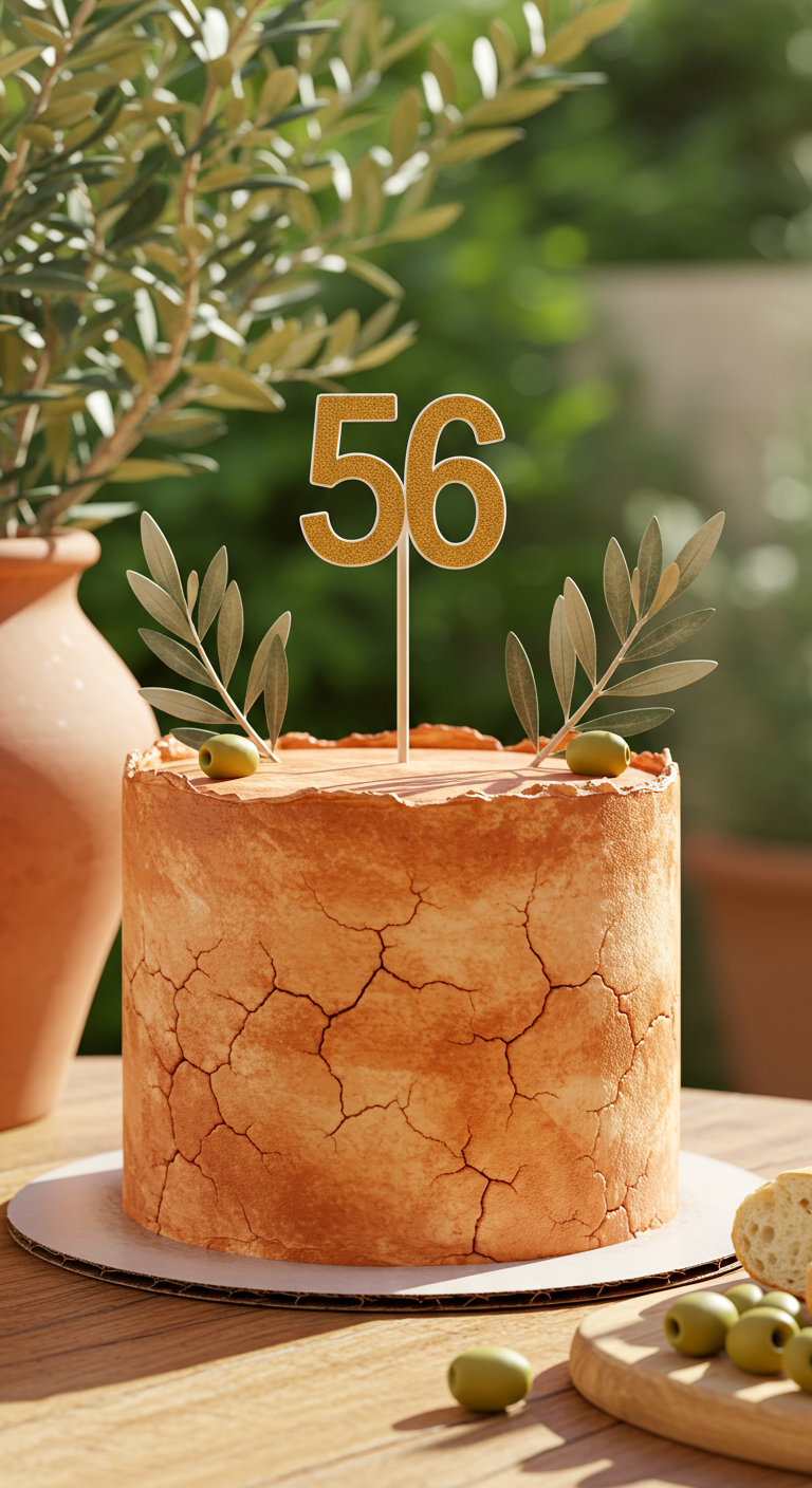 Orange-braune Torte im Terrakotta-Stil mit rissiger Oberfläche und Olivenzweigen.