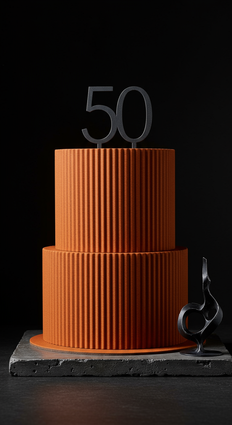 Zweistöckige, terrakottafarbene Torte mit vertikalen Rillen und einem schwarzen „50“ Cake Topper.