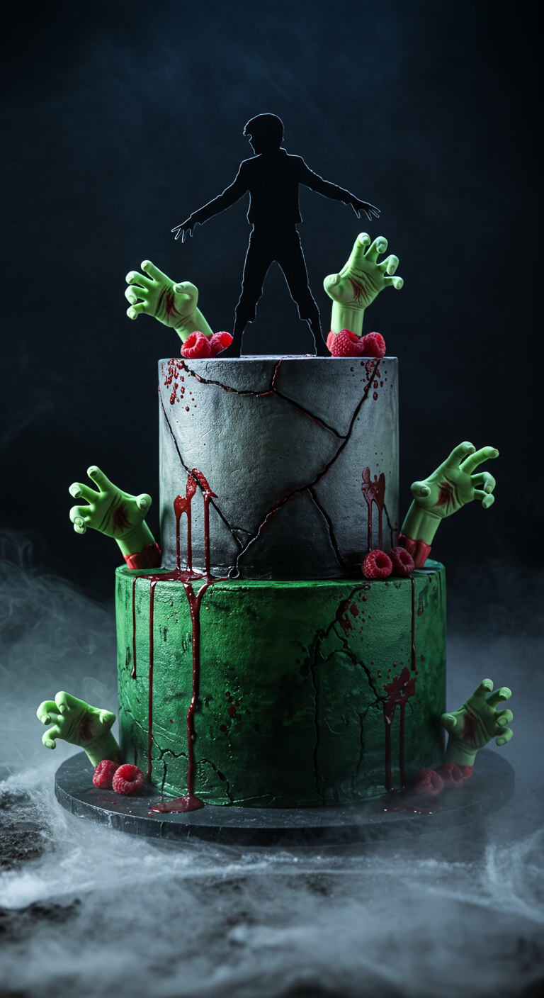 Zweistöckige gruselige Zombie-Torte mit Händen, die aus dem Kuchen ragen, und Blutspritzern.
