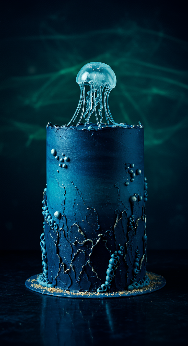 Dunkelblaue Torte mit Meeresboden-Dekor und einer transparenten Qualle als Topper.