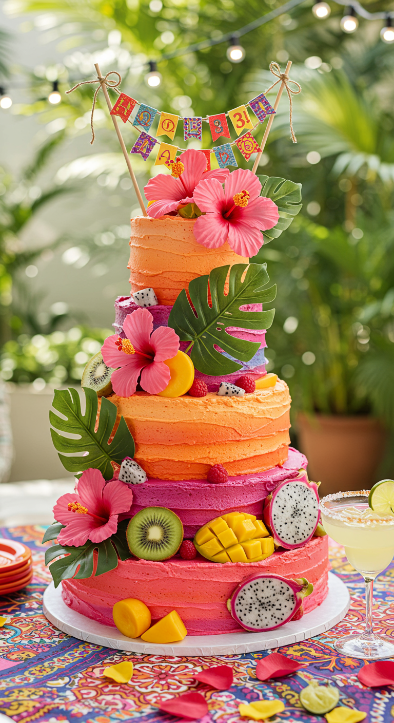Mehrstöckige bunte Torte mit tropischen Früchten, Blüten und Wimpelkette.