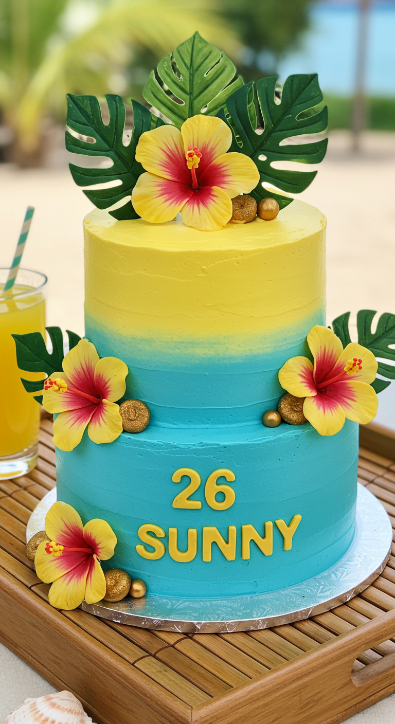 Zweistöckige gelb-blaue Torte mit tropischen Blumen und