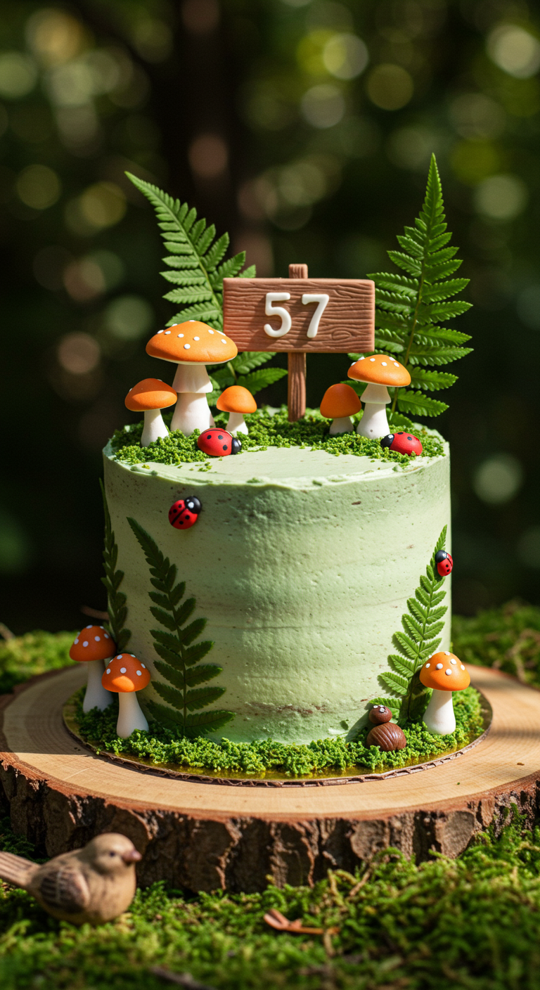 Grüne Torte dekoriert mit Farn, Marzipanpilzen und Marienkäfern auf Holzscheibe.