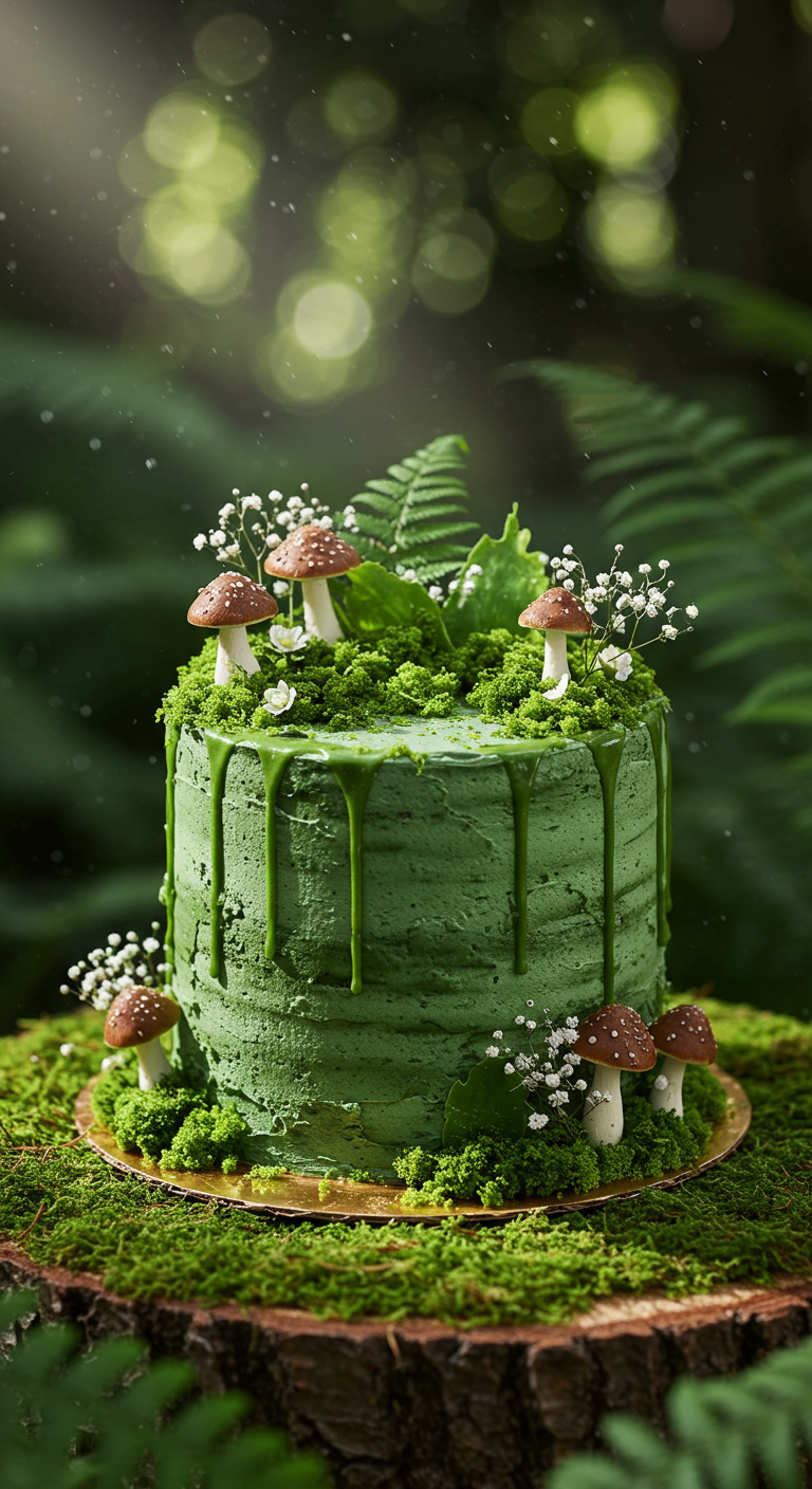 Grüne Torte mit Moos-Effekt, Marzipanpilzen, Schleierkraut und grünem Drip.