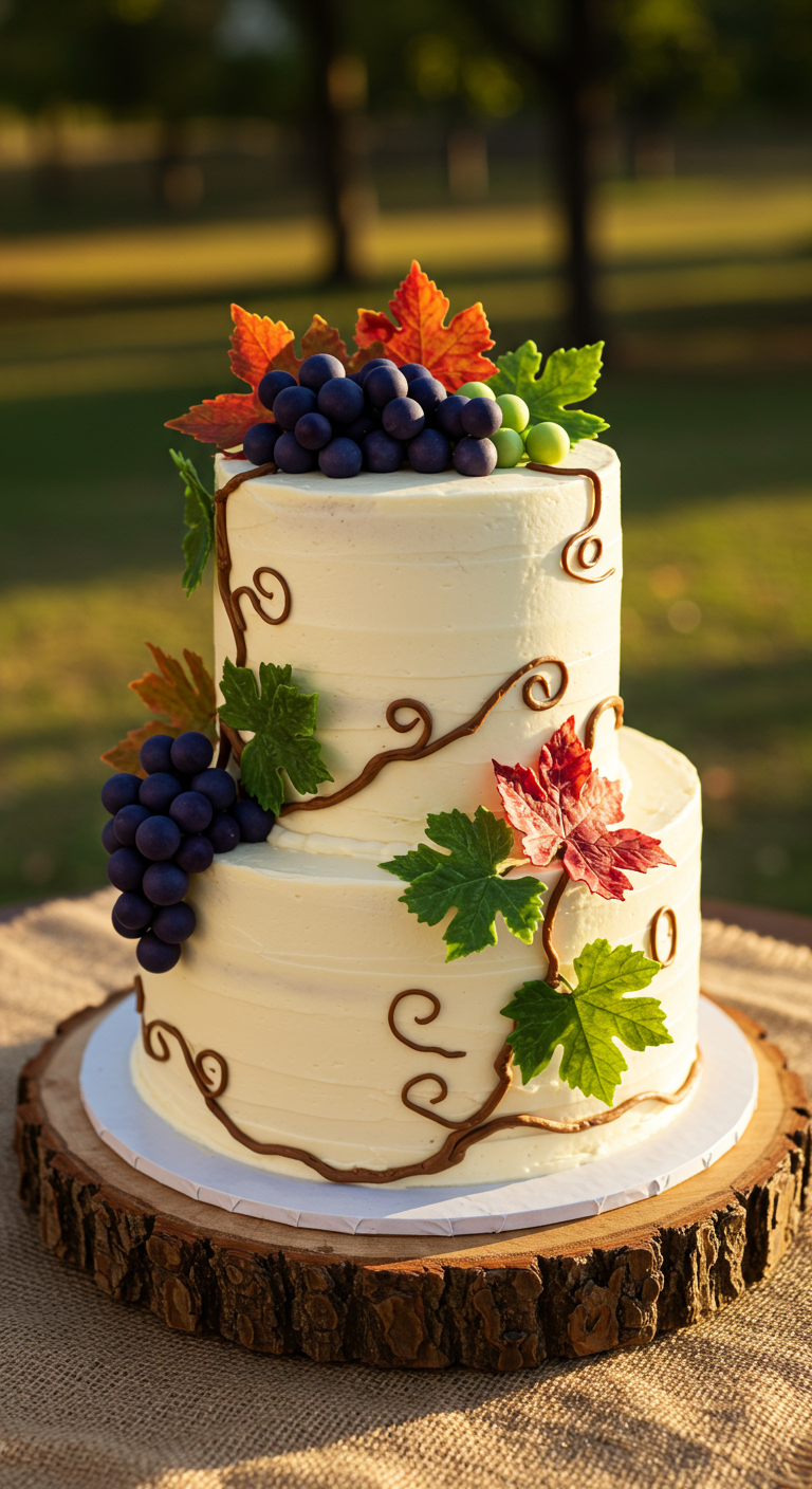 Zweistöckige Cremetorte, dekoriert mit Weintrauben, Weinblättern und aufgespritzten Ranken.