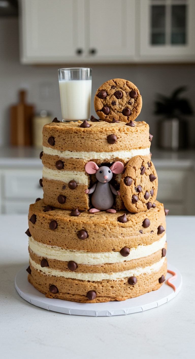 Mehrstöckige Keks-Torte mit Schokotropfen, einer Mausfigur und einem Glas Milch.